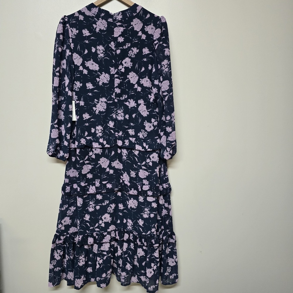 Hyacinth House Navy‎ & Blush Abstract Floral Rosalind Ruffle Midi Dress Sz L - Picture 6 of 9